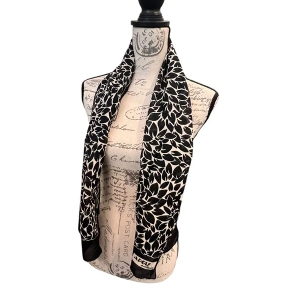 Vintage Adolf Exclusive Rectangle Scarf‎ Classic Black White Floral Nature Print